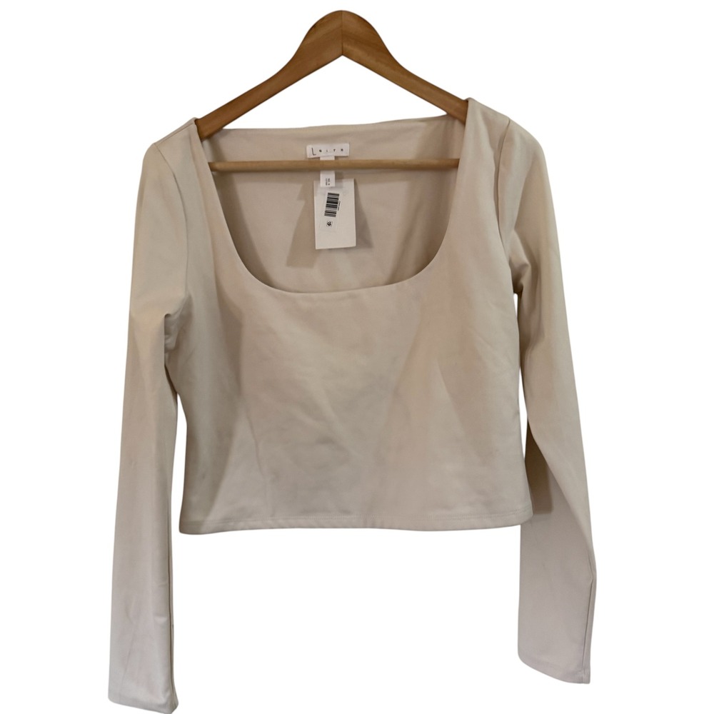 Leith Long Sleeve Square Neck Crop Top‎ Women's Size L Beige